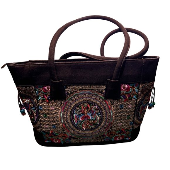 Embroidered Bohemian Handbag With Colorful Floral Pattern & Beaded Accents - Picture 1 of 4